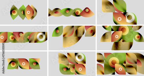 Abstract shapes, varying colors, geometric patterns. Compositions feature overlapping forms, gradients, soft edges. Nine panels display diverse arrangements.