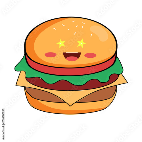 Adorable burger character with star eyes, perfect for food lovers and kids, ideal for menus, stickers, and playful designs, a fun, cute, smiling design