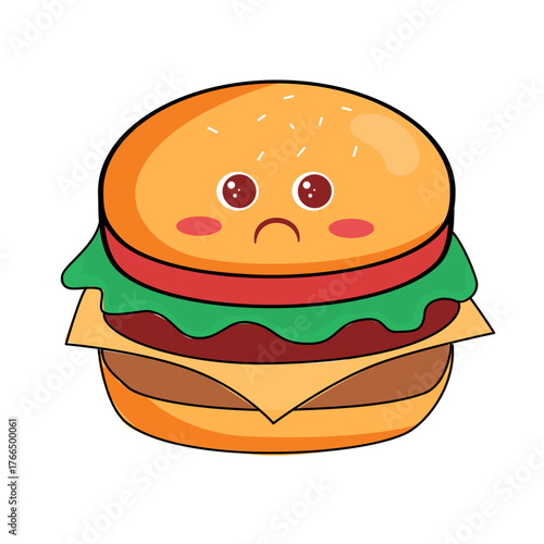 Sad hamburger character with kawaii eyes and blushing cheeks, perfect for food marketing, children's menus, and cute food illustrations, vector origin