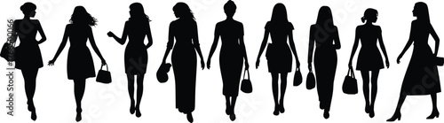 Silhouette women fashion, stylish female figures, modern clothing poses, handbag accessories, elegant dress style, walking posture, trendy outfits, fashion illustration,