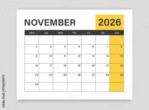 Calendar november 2026 icon in flat style. Planner vector illustration on isolated background. Calender sign business concept.