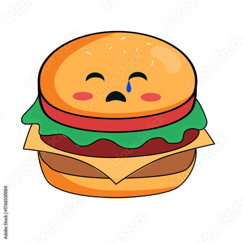 Sad burger cartoon emoji character with a tear drop, cute food illustration for stickers and social media, originally a scalable vector graphic