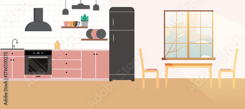 Vector illustration of a cozy kitchen interior with window view, dining table, and winter landscape outside. Warm pastel colors and modern furniture create a homely and inviting atmosphere