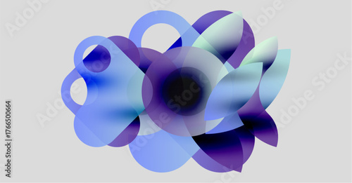 Abstract composition. Overlapping translucent shapes create floral impression. Blue, purple hues dominate neutral background. Soft gradients present.