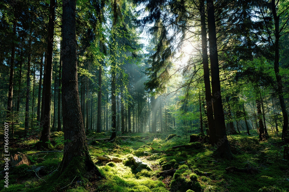 Obraz premium Sunlight Streaming Through Dense Forest Canopy Creating A Serene Atmospheric Scene