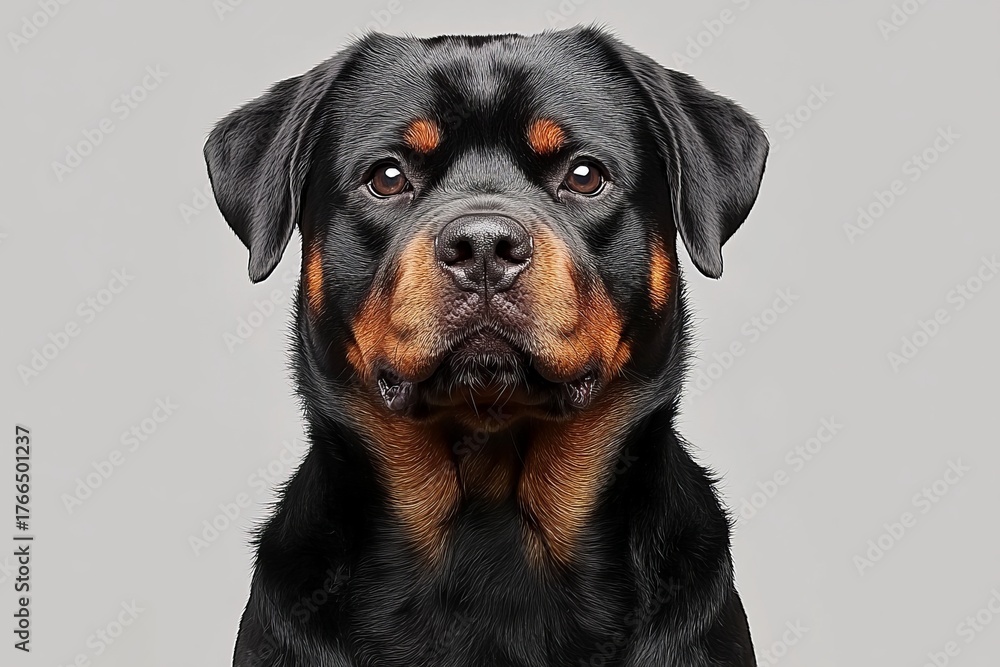 Fototapeta premium Charming Rottweiler Portrait with Affectionate Expression Against a Soft Gray Background in Close Up