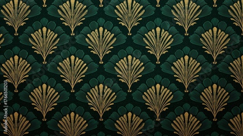 Wallpaper Mural Symmetrical art deco fan motif in gold on dark green seamless repeat pattern, ideal for elegant wallpaper or textile design, evoking vintage glamour and luxury. Torontodigital.ca