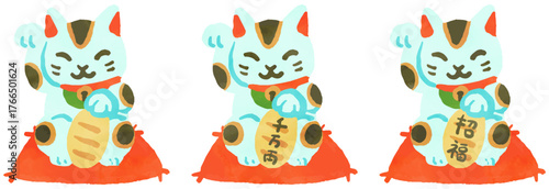 招き猫の水彩風手描きイラストセット