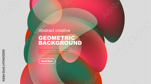 Abstract geometric background features overlapping colorful shapes. Text block includes sample lorem ipsum, plus button. Modern design.