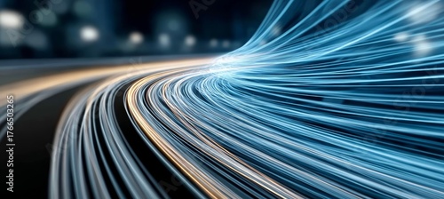 Dynamic Perspective of Curving Roadway with Digital Light Trails Illustrating Modern Connectivity