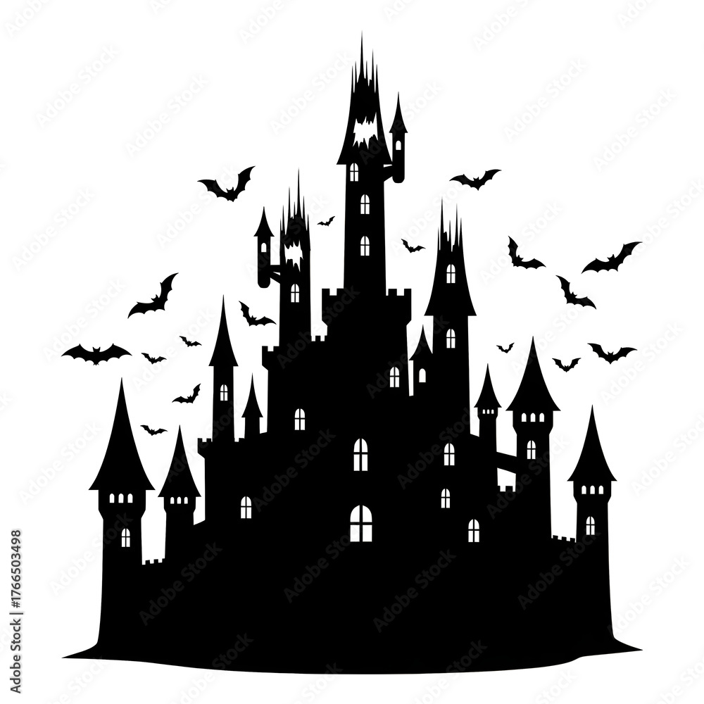 Fototapeta premium Spooky dark castle silhouette with bats