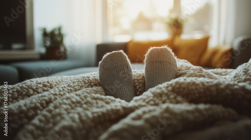 Fuzzy socks sticking from blanket