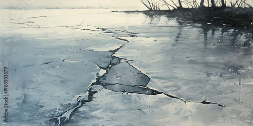 Cracked ice surface reflecting bare trees and a hazy sky, creating a serene and stark winter landscape.