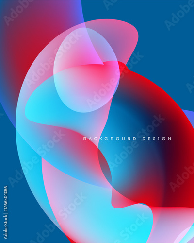 Abstract fluid shapes overlap, creating vibrant color blends. Blue, red, pink hues dominate design. Smooth gradients suggest movement.
