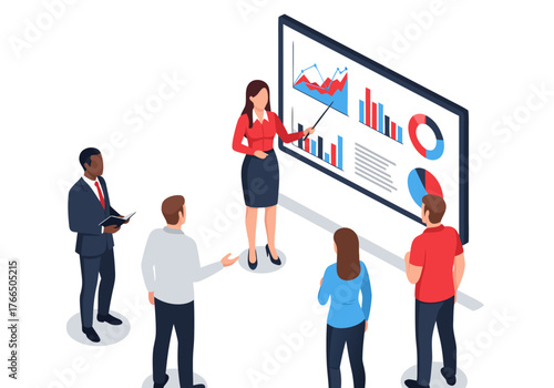Business meeting in modern office with a female presenter explaining charts on a digital whiteboard to a diverse team