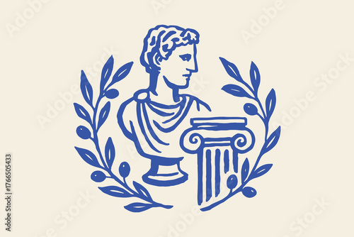 Ancient bust with laurel wreath minimalist sketch vector illustration