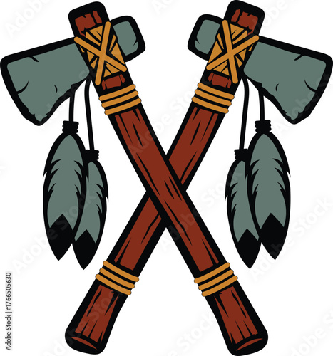 Crossed tomahawks with feathers symbol of native american heritage and strength
