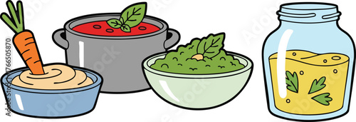 Cartoon Style Food Group With Dip And Soup In Bowls And Jar Of Oil