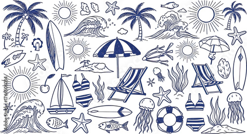 Vector art of handdrawn breakfast and coffee icons, including coffee maker, grinder, bread, and pastries