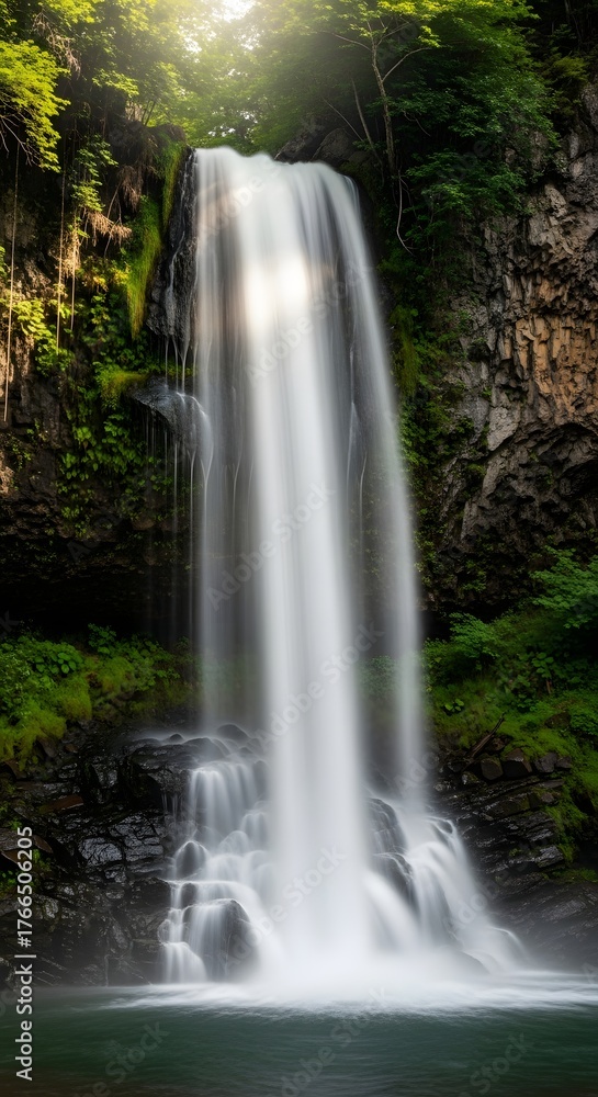Obraz premium Long Exposure Waterfall Cascading Rocky Cliffs Lush Green Forest Serene Natural Landscape Clear Water Pond Sunlight Shinning Through Foliage Peaceful Environment