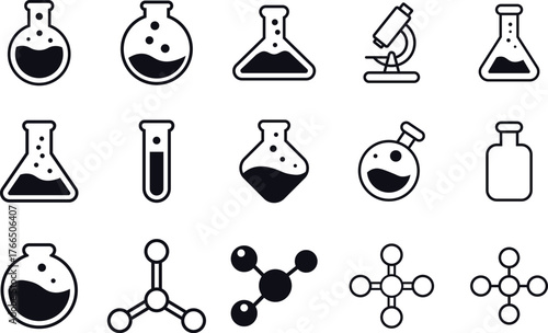 Chemist vector icons set with flask, test tube, beaker, molecule, dropper, microscope, atom, bottle, chemical reaction, and burner in minimal clean line art design