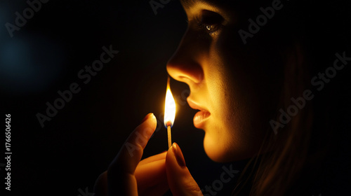 Girl lighting match in dark room