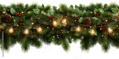 Traditional Christmas border garland of green pine branches with glowing string bulb lights red holly berries and natural brown pine cones isolated transparent background.