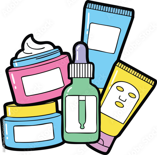 Collection Of Colorful Skincare Products Including Serums Lotions And Face Masks Against White Background