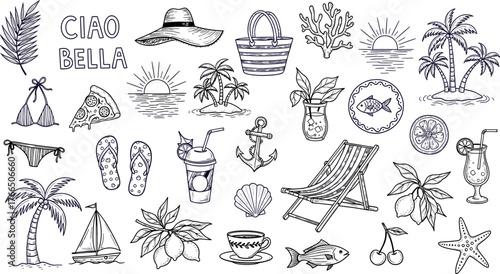 Vector art of collection of handdrawn summer and beach icons, including beachwear, drinks, and tropical elements