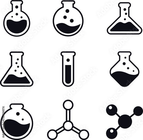 Chemist vector icons set with flask, test tube, beaker, molecule, dropper, microscope, atom, bottle, chemical reaction, and burner in minimal clean line art design
