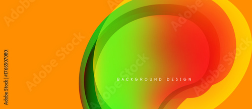 Abstract vibrant layers create dynamic visual effect. Orange background contrasts with green, red gradients. Modern design element.