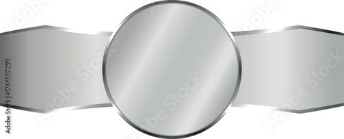 long silver colored ribbon banner with silver frame and round label banner