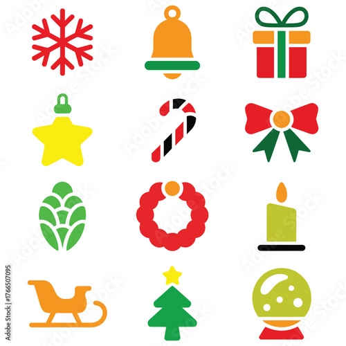 Colorful Christmas Ornaments and Winter Holiday Icon Set