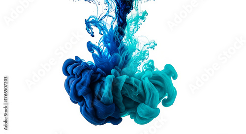 A vibrant display of blue and teal ink swirling and mixing in water on a white background scene
