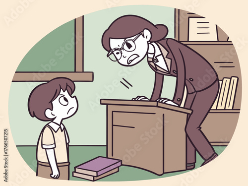 Teacher angry at student, study, misunderstanding, bad grade, angry teacher, angry elementary school teacher wearing glasses, a wooden desk, scolding a student, classroom back