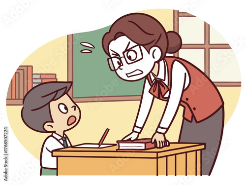 Teacher angry at student, study, misunderstanding, bad grade, angry teacher, angry elementary school teacher wearing glasses, a wooden desk, scolding a student, classroom back