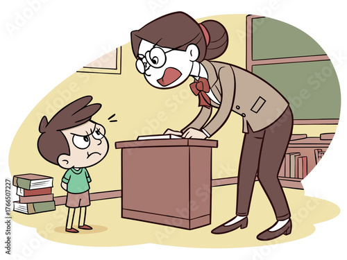 Teacher angry at student, study, misunderstanding, bad grade, angry teacher, angry elementary school teacher wearing glasses, a wooden desk, scolding a student, classroom back