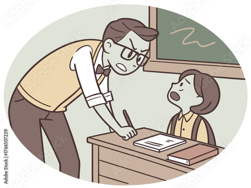 Teacher angry at student, study, misunderstanding, bad grade, angry teacher, angry elementary school teacher wearing glasses, a wooden desk, scolding a student, classroom back