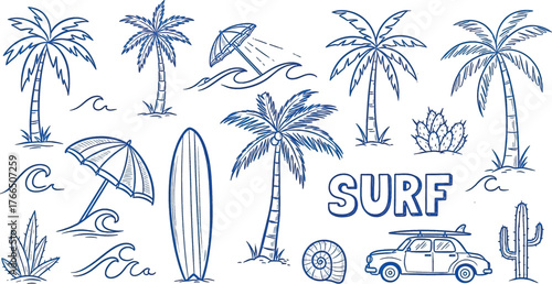 Vector art of handdrawn collection of surfthemed elements with palm trees, surfboards, car, umbrella, and the word surf