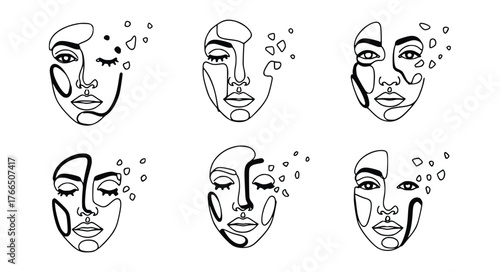 Vector art of set of six abstract face in a modern trendy style continuous line art drawing