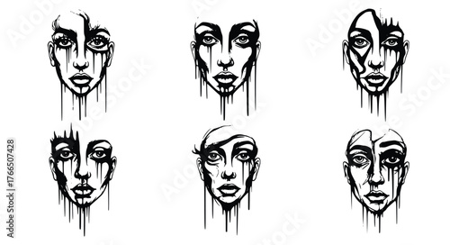 Vector art of abstract face with dripping paint, showcasing unique and artistic interpretations of human visage