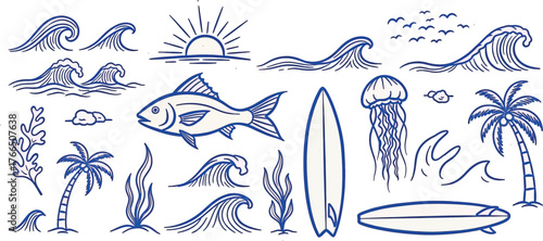 Vector art of collection of handdrawn ocean elements including waves, palm trees, surfboards, jellyfish, fish, and a sunrise