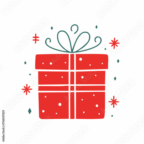 red Christmas gift. Naive style kid's drawing. 
