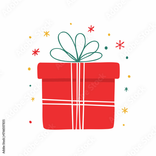 red Christmas gift. Naive style kid's drawing. 