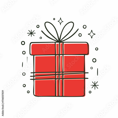 red Christmas gift. Naive style kid's drawing. 