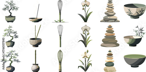 Japanese Zen Garden Elements and Minimal Tea Ceremony Set Vector