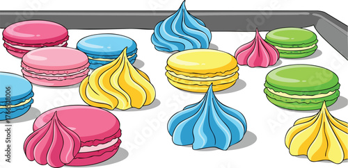 Colorful Macarons And Meringues On Baking Sheet Ready For Oven