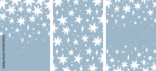 Set vector vertical magic templates. Falling white stars and crystals on blue background with place for text. Design for flyer, promotion, advertise, greeting card, invitation, mailing