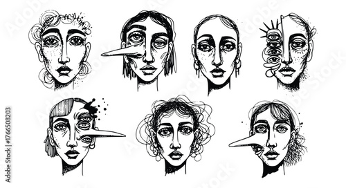 Vector art of set of surreal female portraits, concept of lies, fake news and propaganda