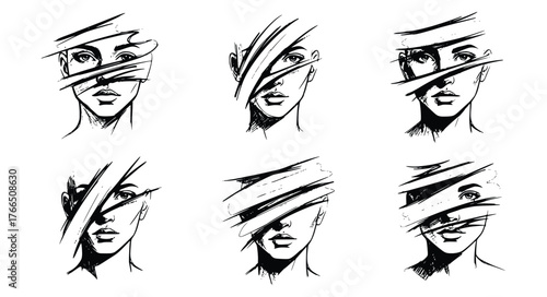 Vector art of set of abstract female face portraits with brush stroke effect vector illustration